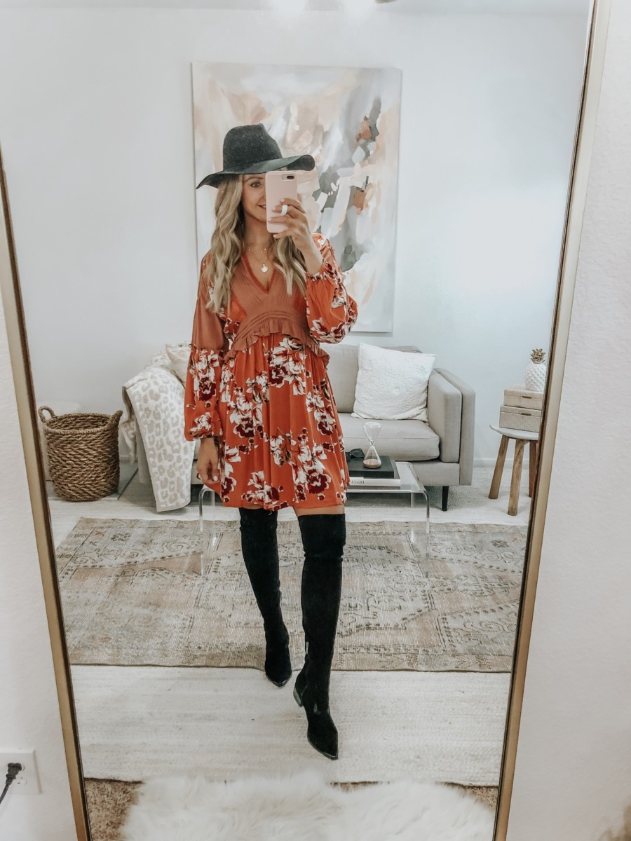 fall floral dress | 6 Early Fall Outfits With Vici by popular Houston fashion blog, Haute and Humid: image of a woman wearing a Vici Autumn Pocketed Floral Dress, Nordstrom Marc Fisher Yakira Over the Knee Boot, and Nordstrom BP Wide Brim Felt Panama Hat.