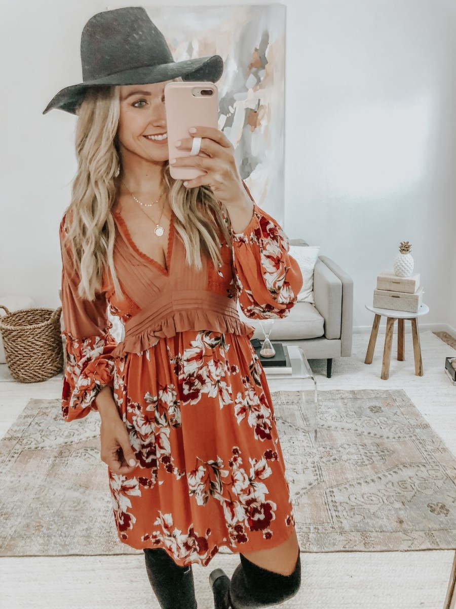 fall hat | 6 Early Fall Outfits With Vici by popular Houston fashion blog, Haute and Humid: image of a woman wearing a Vici Autumn Pocketed Floral Dress, Nordstrom Marc Fisher Yakira Over the Knee Boot, and Nordstrom BP Wide Brim Felt Panama Hat.