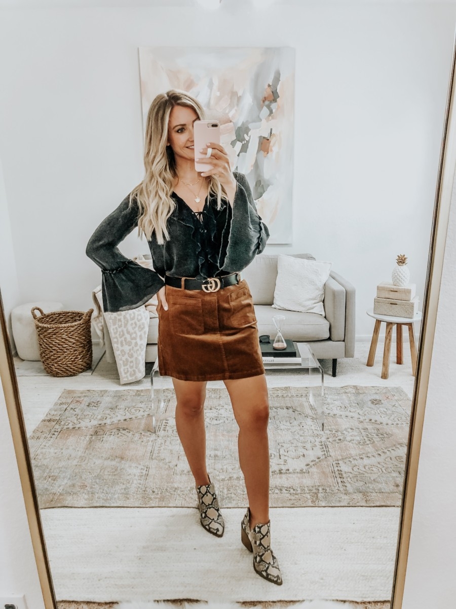 snake print boots | 6 Early Fall Outfits With Vici by popular Houston fashion blog, Haute and Humid: image of a woman wearing a Vici Sparrow Lace Up Ruffle Top, Nordstrom BP Corduroy Miniskirt, Nordstrom Vince Camuto Gigietta Bootie, and Gucci Leather belt with Double G buckle. 