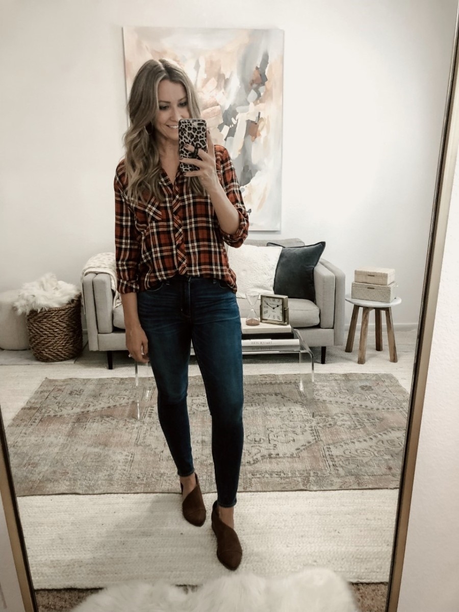 walmart fall clothing | Must Have Affordable Fall Flats by popular Houston fashion blog, Haute and Humid: image of a woman wearing a Walmart Time and Tru Walmart Time and Tru Women's Button Front Plaid Top, and Walmart Womens Time And Tru Open Shank.