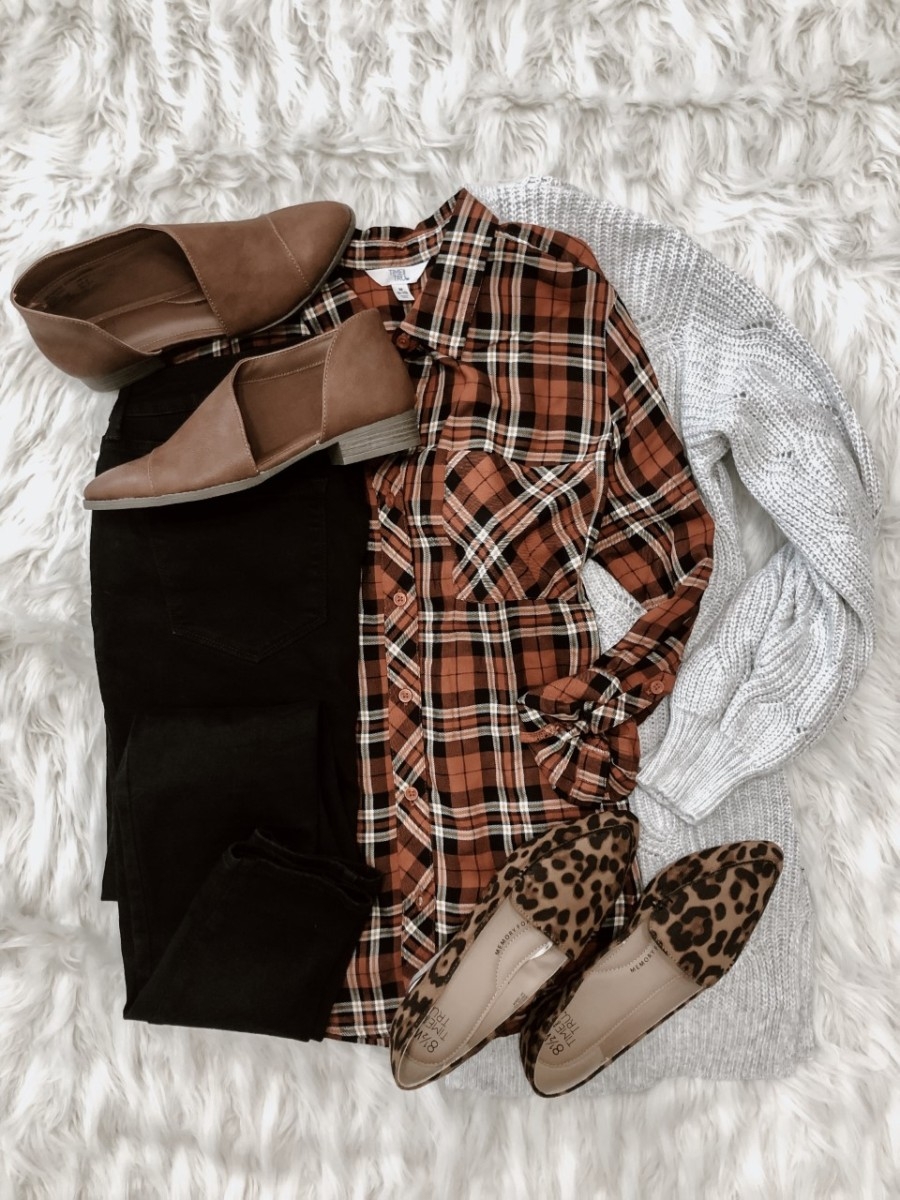 fall outfit | Must Have Affordable Fall Flats by popular Houston fashion blog, Haute and Humid: image of Walmart Time and Tru Womens Time And Tru Open Shank, Walmart Time and Tru Women's Button Front Plaid Top, and Walmart Time and Tru Womens Time And Tru Feather Flat Wide Width.