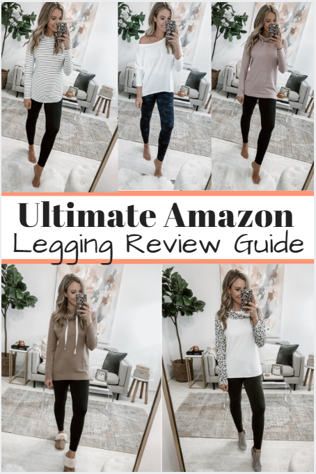 amazon leggings review | 5 Best Amazon Leggings Reviewed And Rated by popular Houston fashion blog, Haute and Humid: collage image of a woman wearing various Amazon leggings.