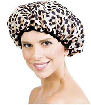 terry cloth lined shower cap | 15 Best Amazon Beauty Products by popular Houston beauty blog, Haute and Humid: image of leopard print shower cap.