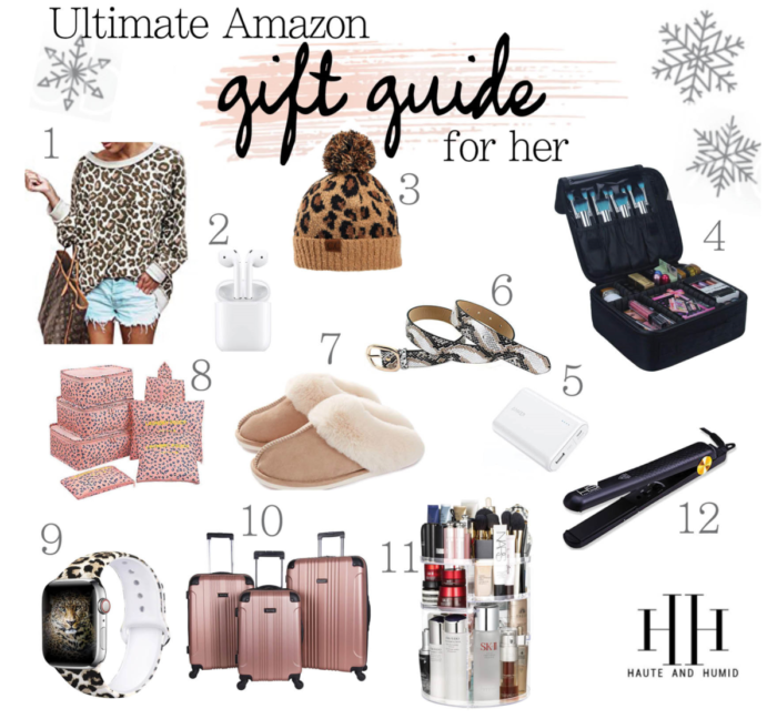 Holiday Gift Guide: 15 Amazon Gifts For Her She'll Love, a gift guide featured by top US Life and style blog, Haute and Humid, Haute and Humid: collage image of an Amazon Leopard print sweater, Amazon leopard print beanie, Amazon makeup case, Amazon slipper, Amazon hair straightener, Amazon luggage set, Amazon smart watch, Amazon beauty products, Amazon bet, and Amazon traveling compartments.
