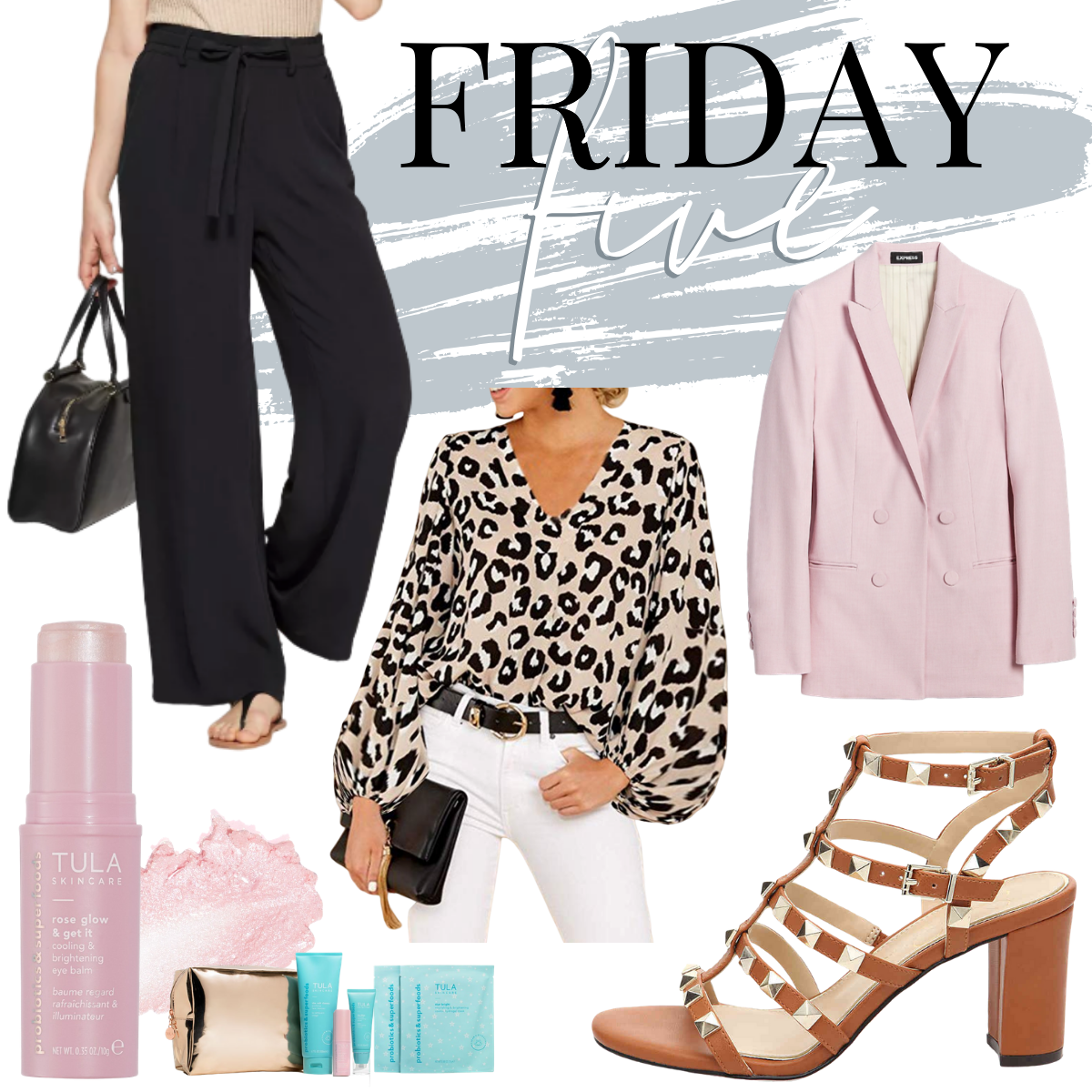 work wear | Cute Workwear for Spring by popular Houston life and style blog, Haute and Humid: collage image of black paper bag pants, pink blazer, studded heel sandals, leopard pring top, and Tula skin products. 