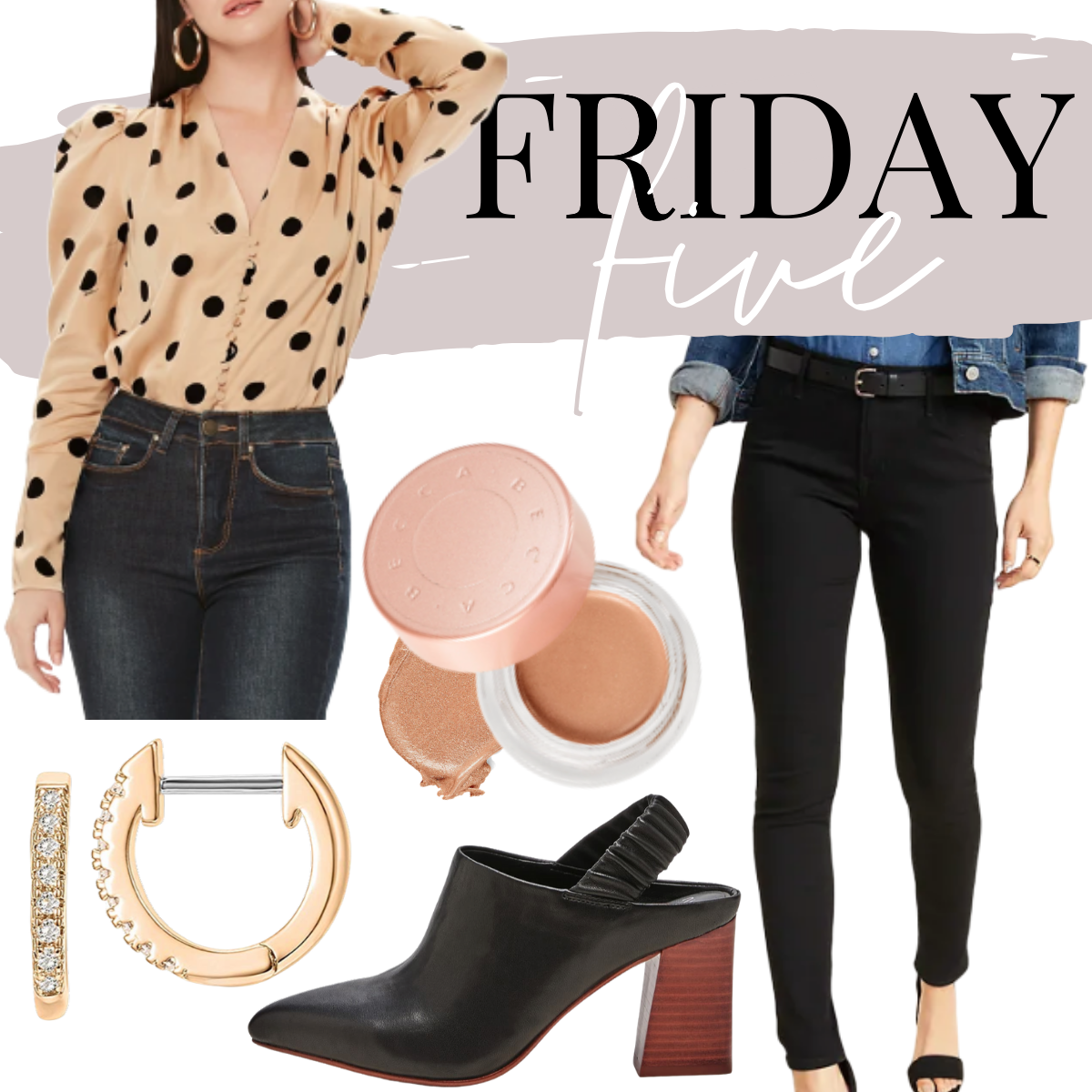 date night | Friday Favorites by Houston life and style blog, Haute and Humid: collage image of a polka dot blouse, black skinny jeans, huggie stud hoop earrings, sling back pumps and under eye brightening corrector. 