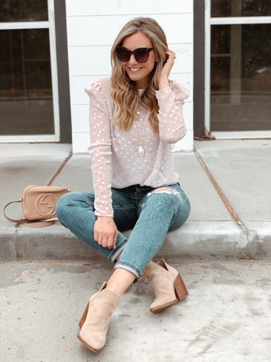 mom jeans | Valentine's Day Gifts Under $50 by popular Houston life and style blog, Haute and Humid: image of a woman wearing a Nordstrom Metallic Clip Dot Blouse CHELSEA28, Nordstrom The Perfect Vintage Crop High Waist Jeans MADEWELL, Nordstrom Gigietta Bootie VINCE CAMUTO, Nordstrom Reid Long Faceted Pendant Necklace KENDRA SCOTT, Nordstrom Disco Leather Bag GUCCI, Nordstrom Hollow Hoop Earrings ARGENTO VIVO, and Nordstrom 66mm Oversize Sunglasses BP..