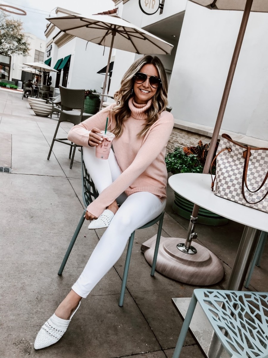 white mules | January Best Sellers by popular Houston life and style blog, Haute and Humid: image of a woman wearing a Nordstrom Longline Turtleneck Sweater BP., Zappos Sam Edelman Natalya, Nordstrom Madewell 9-Inch High Waist Skinny Jeans, and Quay All In sunglasses. 