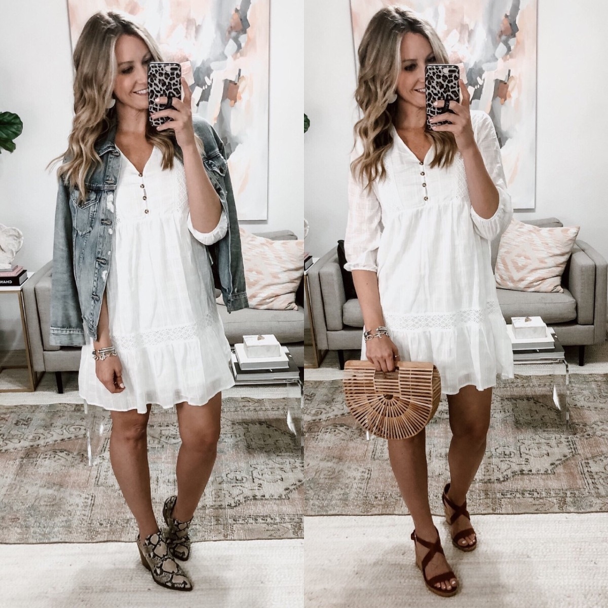 white spring dress  t | Spring Clothing by popular Houston fashion blog, Haute and Humid: image of a woman wearing a 3/4 sleeve white tiered mini dress with a distressed jean jacket and starppy wedges. 