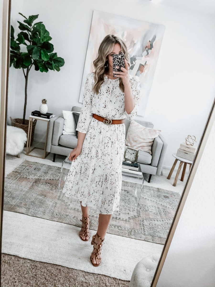 spring dress | Spring Clothing by popular Houston fashion blog Haute and Humid: image of a Target Printed Long Sleeve Crewneck Tiered Midi Dress.