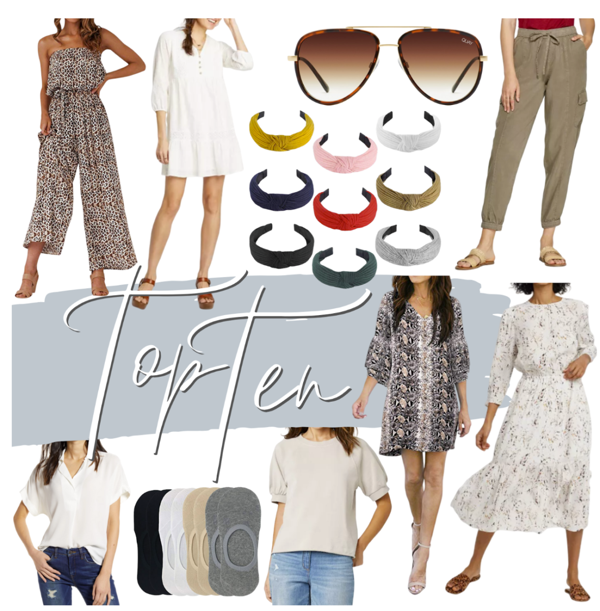 Early Spring Best Sellers | Spring Clothing by popular Houston fashion blog, Haute and Humid: collage image of knot headbands, dresses, no-show socks, Quay sunglasses, blouses, and cargo pants. 