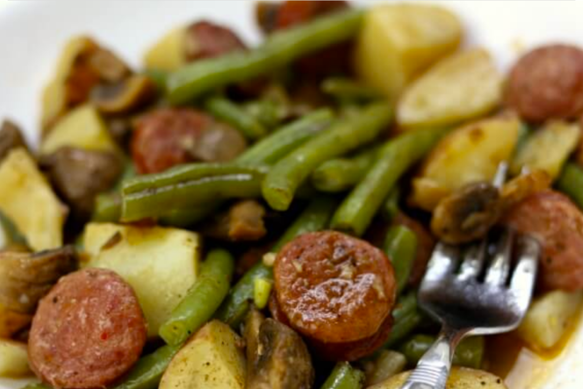 quarantine recipes | Stuck at Home Recipes by popular Houston lifestyle blog, Haute and Humid: image of Instant Pot cajun sausage, green beans, and potatoes. 
