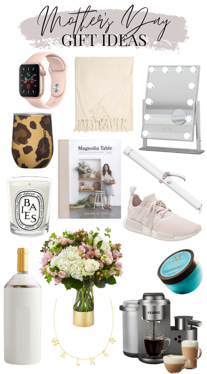 mother's day gift | Mother's Day Gift Ideas by popular Houston life and style blog, Haute and Humid: collage image of a Magnolia Table cookbook, T3 curling wand, Moroccan Oil hair mask, insulated leopard tumbler, Apple watch, makeup mirror, white and pink flower arrangement, Adidas sneakers, Keurig coffee maker, personalized necklace, Vinglace wine chiller, and tassel blanket.