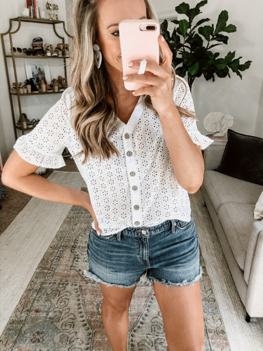 eyelet top | Walmart Spring Fashion by popular Houston fashion blog, Haute and Humid: image of a woman wearing a Walmart Como Blu Women's Eyelet Button Front Blouse and Walmart Time and Tru Time and Tru Women's Cami Tank Top.