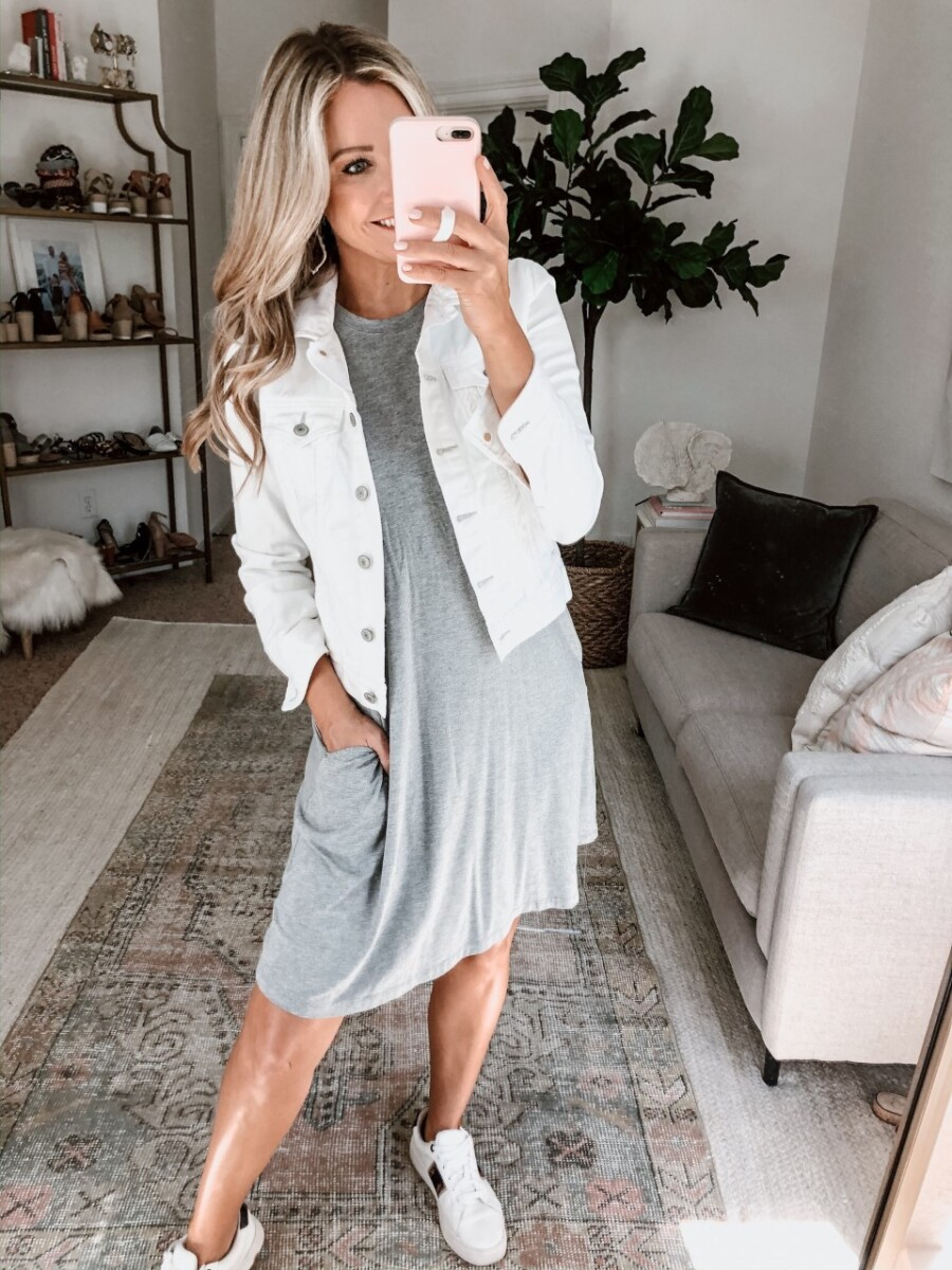 casual spring outfits | Walmart Spring Fashion by popular Houston fashion blog, Haute and Humid: image of a woman wearing a Walmart Time and Tru Women's Sleeveless Knit Dress, Walmart Time and Tru Women's Time and Tru Fashion Sneaker, and white denim jacket. 