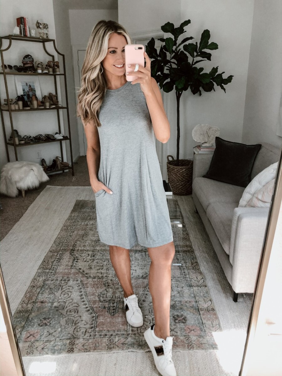 tank dress | Walmart Spring Fashion by popular Houston fashion blog, Haute and Humid: image of a woman wearing a Walmart Time and Tru Women's Sleeveless Knit Dress and Walmart Time and Tru Women's Time and Tru Fashion Sneaker.