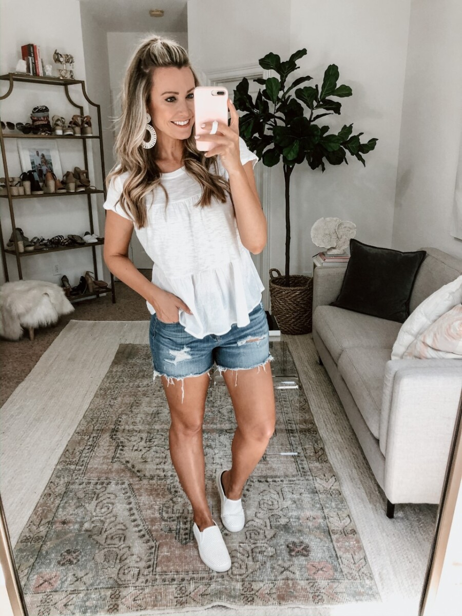 white tee | Walmart Spring Fashion by popular Houston fashion blog, Haute and Humid: image of a woman wearing a Walmart Time and Tru  Women's Short Sleeve Tiered T-Shirt and Walmart Time and Tru Women's Time and Tru Perforated Twin Gore Slip On.
