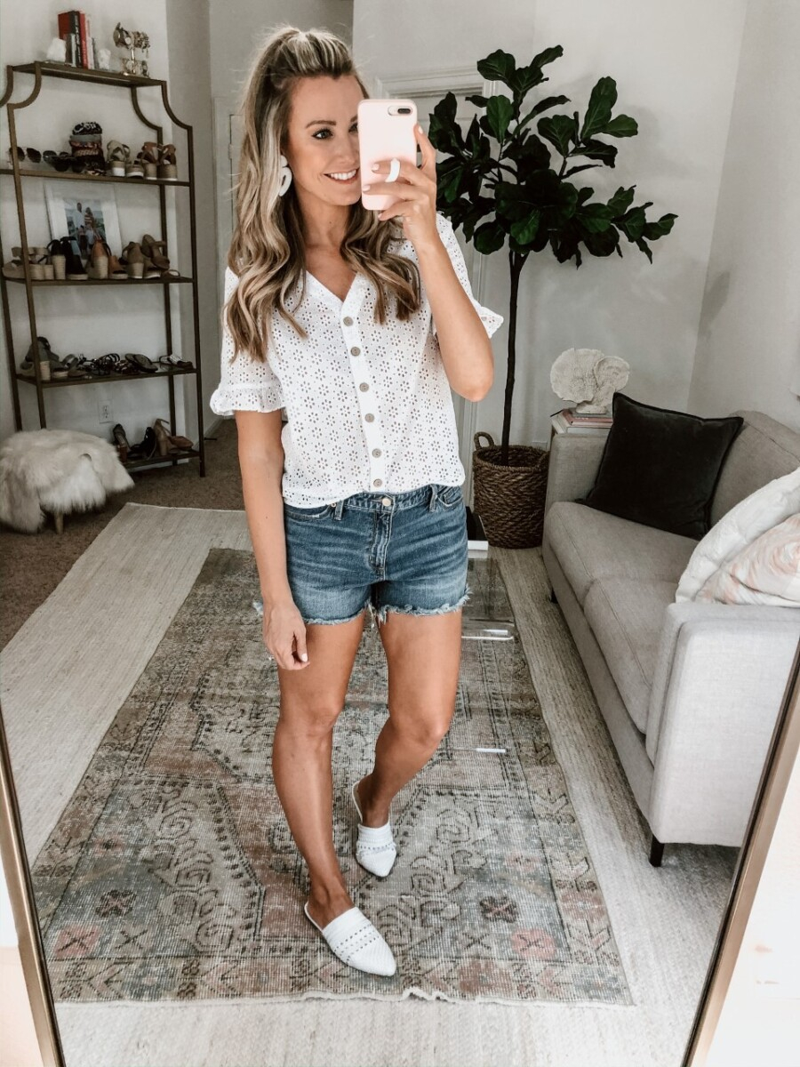 white eyelet top | Walmart Spring Fashion by popular Houston fashion blog, Haute and Humid: image of a woman wearing a Walmart Como Blu Women's Eyelet Button Front Blouse and Walmart Time and Tru Time and Tru Women's Cami Tank Top.