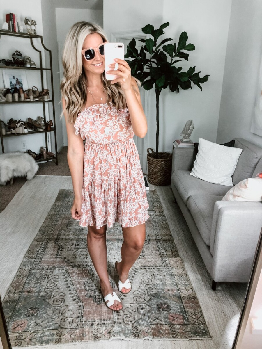 floral beach dress | Amazon Spring Try On by popular Houston fashion blog, Cute and Little: image of a woman wearing a Amazon BerryGo Women's Boho Floral Ruffle Dress, Amazon zeroUV - Retro Oversized Square Sunglasses, and Amazon Steven by Steve Madden Womens Steven Open Toe Casual Slide Sandals.