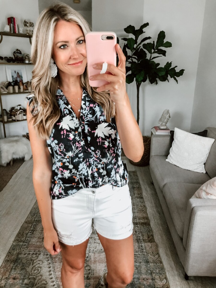 summer top | Amazon Spring Try On by popular Houston fashion blog, Cute and Little: image of a woman wearing a Amazon ZKESS Women Casual Ruffle Sleeveless V Neck Floral Printed Button Down Tank Top, Walmart Sofia Jeans by Sofia Vergara, and Amazon Jstyle 2Pairs Statement Drop Earrings.