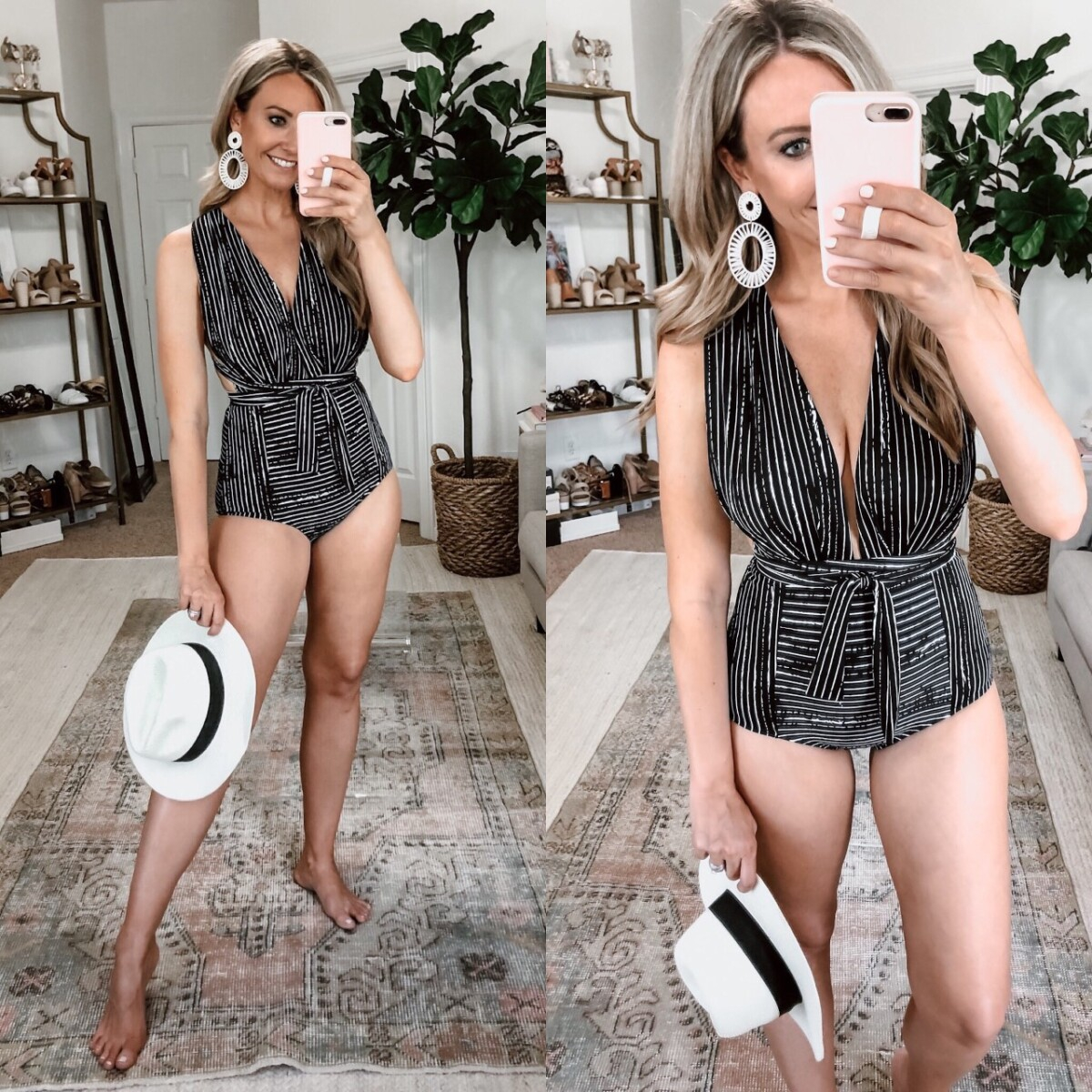one piece swmisuit | Amazon Spring Try On by popular Houston fashion blog, Cute and Little: image of a woman wearing a Amazon COCOSHIP Retro One Piece Backless Bather Swimsuit, Amazon BaubleStar Raffia Tassel Hoop Drop Earrings, and holding a Amazon Lanzom Women Wide Brim Straw Panama Roll up Hat.