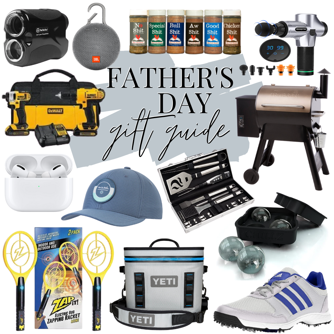 fathers day gifts | Father' Day Gift Ideas by popular Houston lifestyle blog, Haute and Humid: collage image of bluetooth speaker, massage gun, grilling spices, DeWalt drills, AirPods, ball cap, grilling utensils, Adidas sneakers, Zapit, Yeti cooler, and Traeger grill.