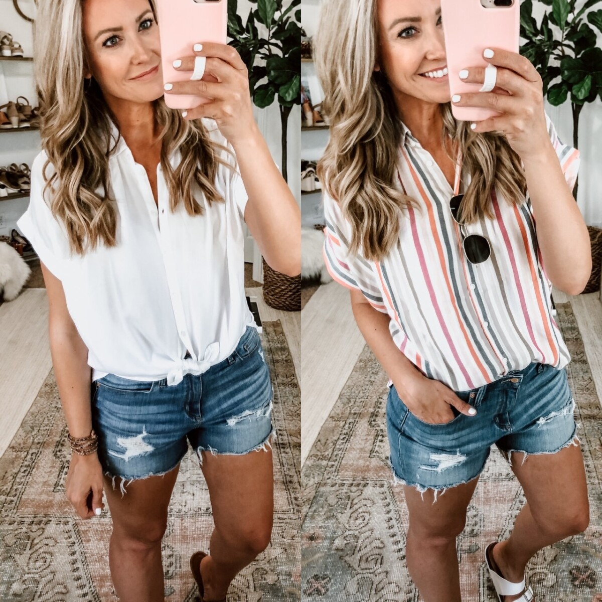 madewell dupe | Summer Style by popular Houston fashion blog, Haute and Humid: image of a woman sitting outside and wearing a Walmart Time and Tru Women's Button Front Shirt with Rolled Sleeves and cut off denim shorts. 