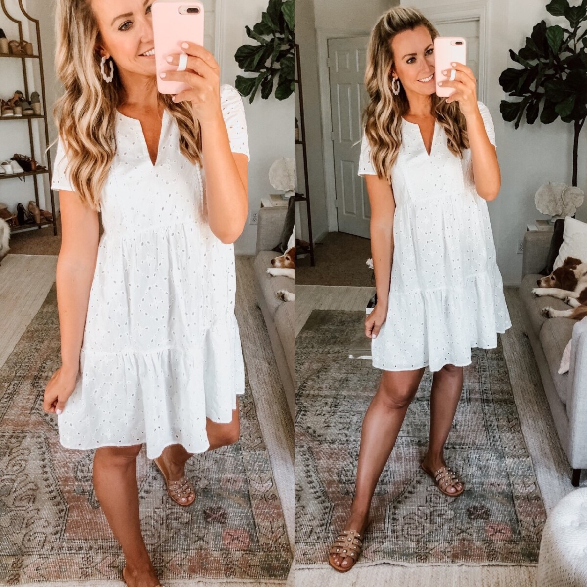 target dresses | White Summer Dresses by popular Houston fashion blog, Haute and Humid: image of a woman wearing a Target Knox Rose Women's Short Sleeve Dress, Nordstrom MARC FISHER LTD Pava Slide Sandal, and Amazon FIFATA statement earrings. 