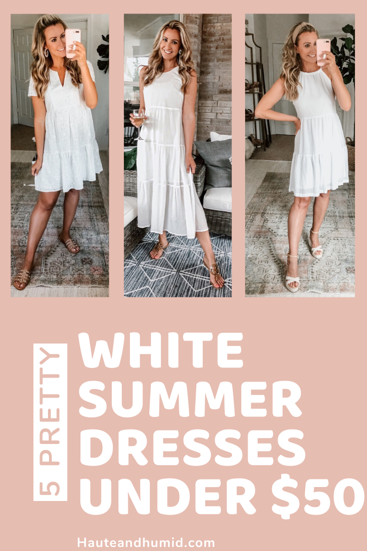 white summer dresses | White Summer Dresses by popular Houston fashion blog, Haute and Humid: Pinterest image of a woman wearing various white summer dresses. 