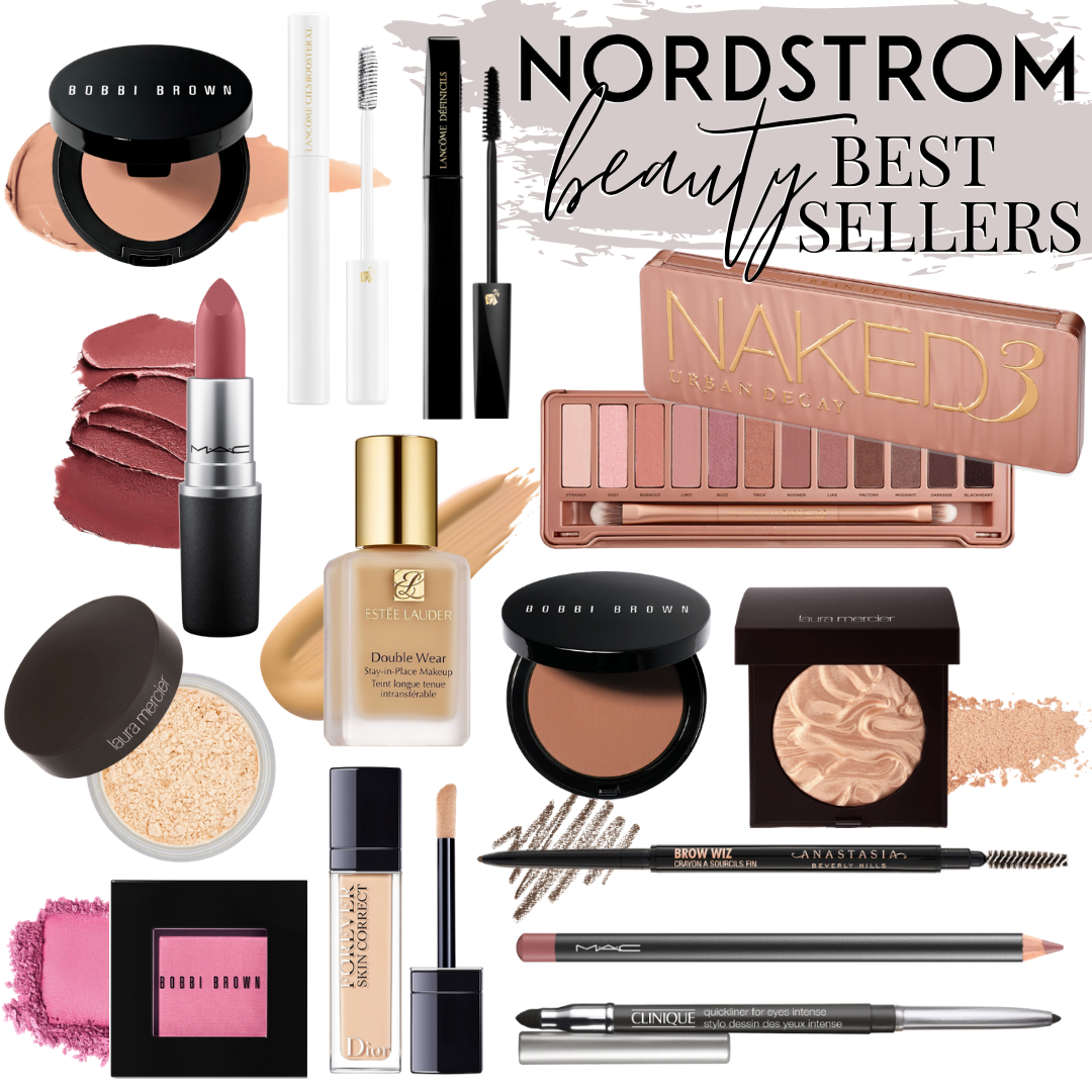 Nordstrom Beauty Best Sellers | Nordstrom Beauty by popular Houston beauty blog, Haute and Humid: image of Bobbi brown bronzer, Bobbi Brown eye shadow, MAC lipstick, MAC lip pencil, Clinique eyebrow pencil, Naked eyeshadow pallet, and Dior skin correct. 