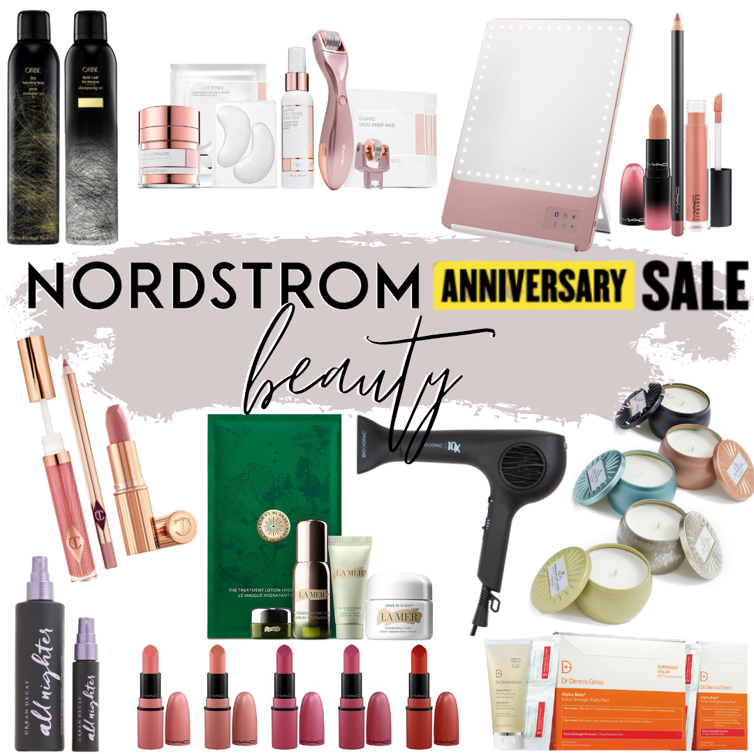Nordstrom Anniversary Sale Beauty Buys | Nordstrom Anniversary Sale by popular Houston beauty blog, Haute and Humid: collage image of Nordstrom ORIBE Dry Shampoo & Texturizing Spray Duo, Nordstrom BeautyBio Microneedling Facial Set, Nordstrom Riki Loves Riki Lightup Makeup Mirror, Nordstrom MAC Lipstick Trio, Nordstrom Charlotte Tilbury Lipstick Trio, Nordstrom La Mer Facial Set, Nordstrom BioIonic Hair Dryer, Nordstrom Voluspa Mini Candle Set, Nordstrom Urban Decay All Nighter Setting Spray, Nordstrom MAC Lipstick 5 Set Pack, Nordstrom Dr. Dennis Gross Alpha Beta Peel Set.
