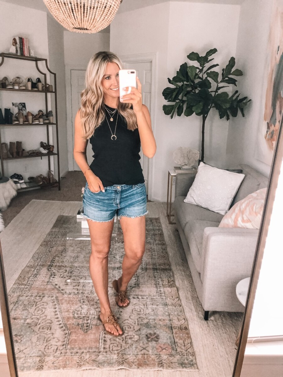 fall transition outfit | Summer to Fall by popular Houston fashion blog, Haute and Humid: image of a woman wearing a Madewell Westville Tank Top, Target Universal Thread Women's High-Rise Jean Shorts, and Nordstrom Tory Burch Miller Flip Flop TORY BURCH.