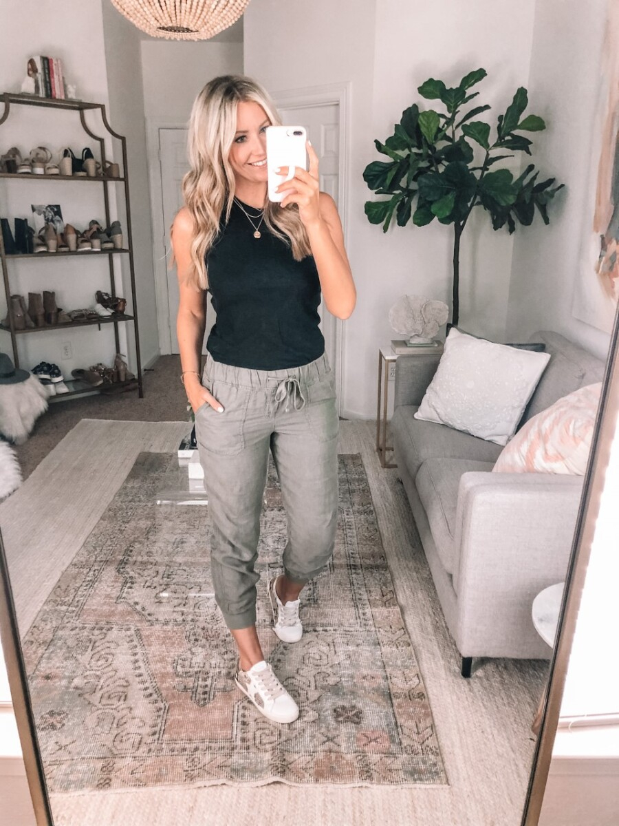 joggers | Summer to Fall by popular Houston fashion blog, Haute and Humid: image of a woman wearing a Madewell Westville Tank Top, Linen Jogger Pants CASLON®, Steve Madden REZZA WHITE sneakers, and Soma Geo Lace Racerback Full Coverage Bra.