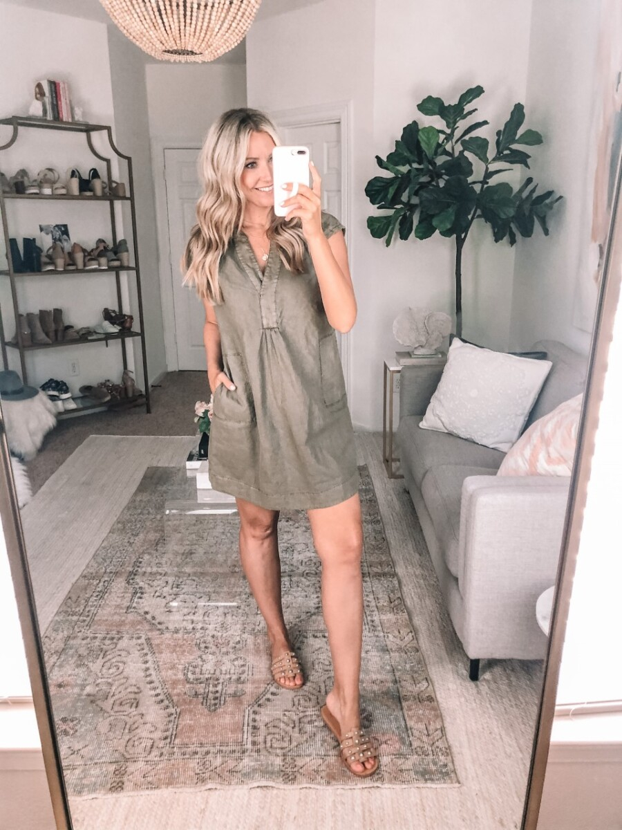 fall dress | Summer to Fall by popular Houston fashion blog, Haute and Humid: image of a woman wearing a Anthropologie Kimber Tunic Dress, and Pava Slide Sandal MARC FISHER LTD.