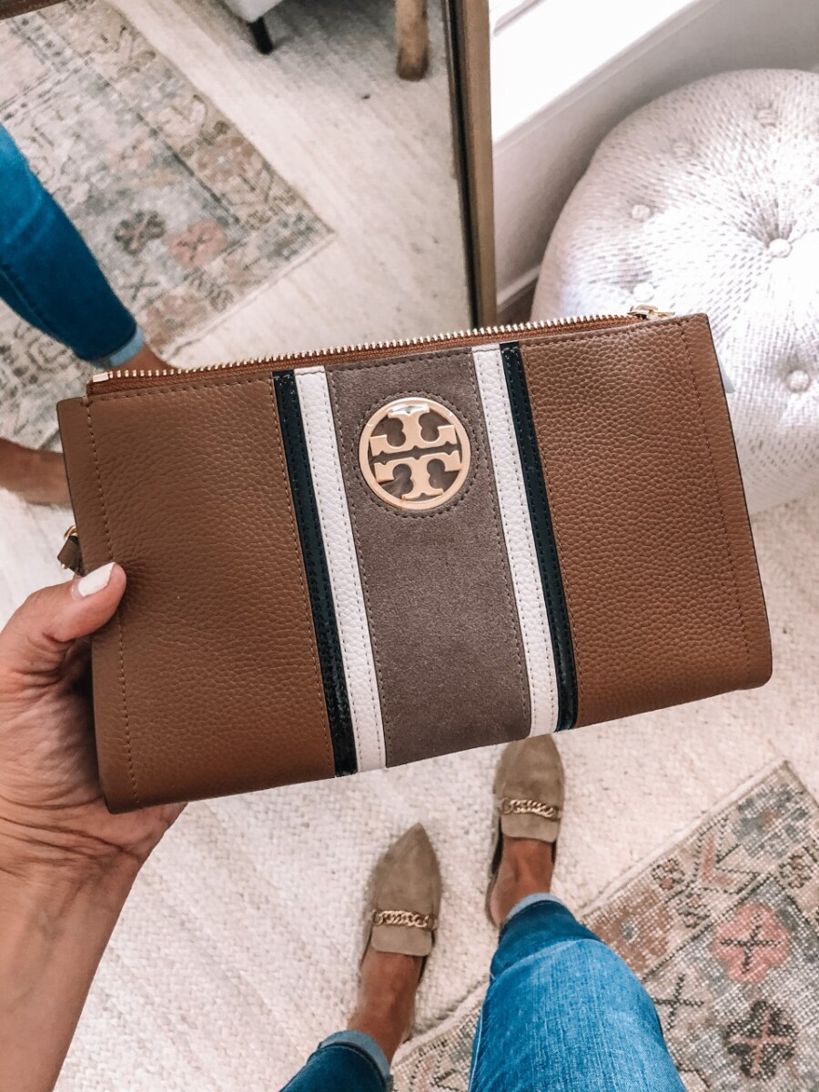 tory burch crossbody | Nordstrom Anniversary Sale by popular Houston fashion blog, Haute and Humid: image of a woman Carson Stripe Leather Crossbody Bag TORY BURCH. 