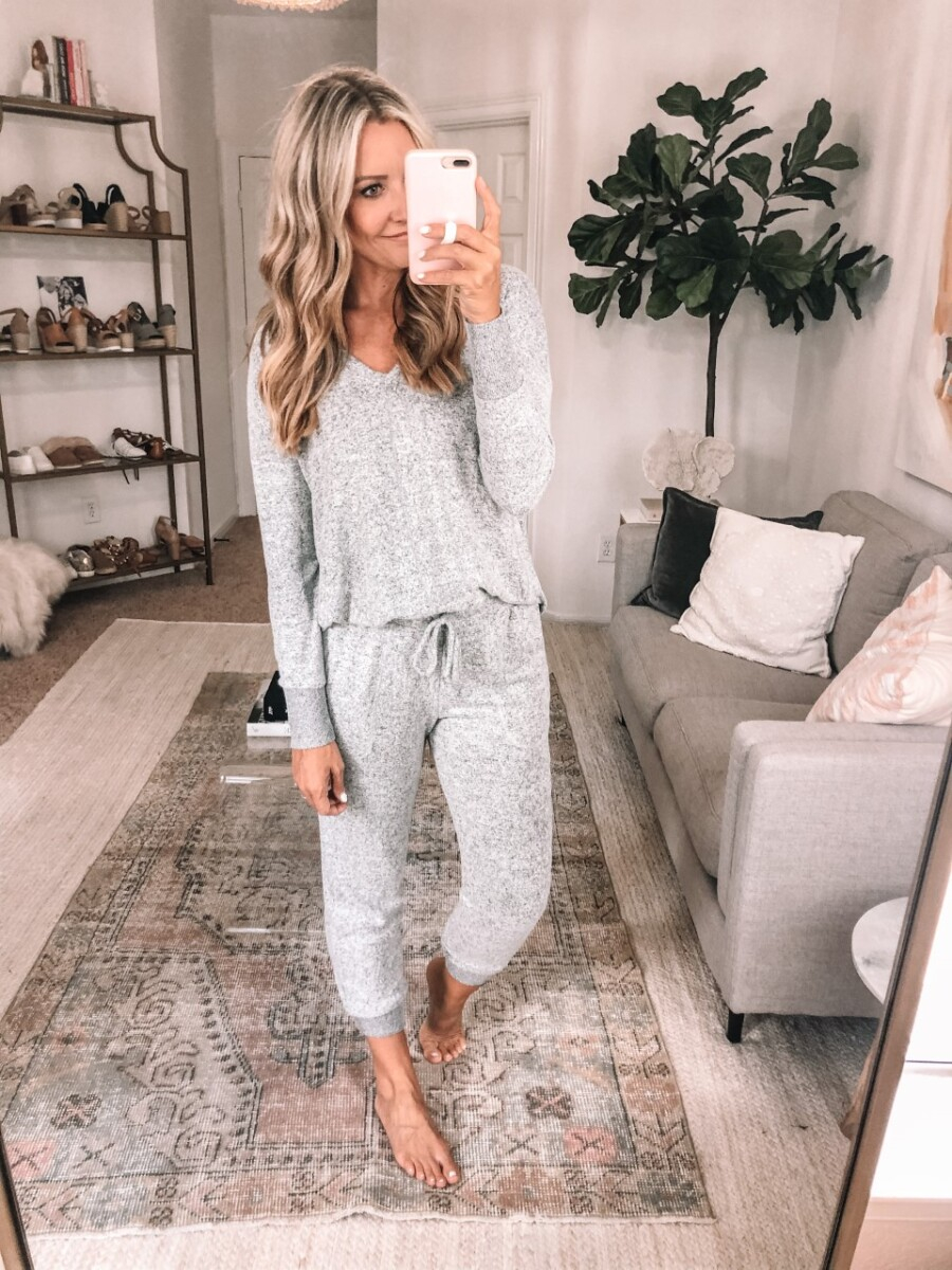 lounge set | Nordstrom Anniversary Sale by popular Houston fashion blog, Haute and Humid: image of a woman wearing a Nordstrom Cozy V-Neck Tunic GIBSON and Nordstrom x Living in Yellow Skye Jogger Pants GIBSON.