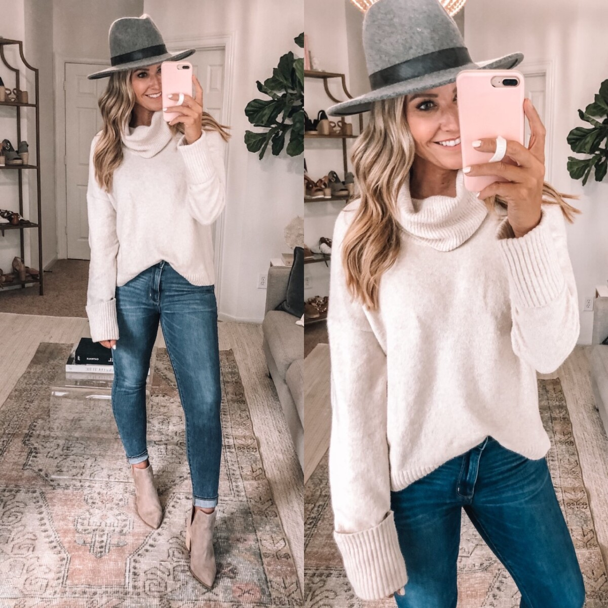 fall sweater | Nordstrom Anniversary Sale by popular Houston fashion blog, Haute and Humid: image of a woman wearing a Nordstrom Cowl Neck Sweater CHELSEA28, Nordstrom Kaylah Pointed Toe Bootie STEVE MADDEN, AE Ne(x)t Level High-Waisted Jegging and Nordstrom Brixton hat. 