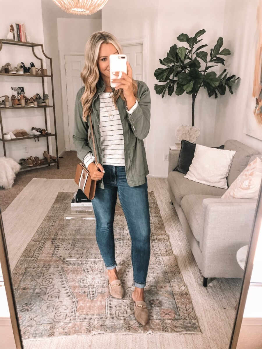 casual fall outfit | Nordstrom Anniversary Sale by popular Houston fashion blog, Haute and Humid: image of a woman wearing a Nordstrom Long Sleeve Crewneck T-Shirt CASLON, Nordstrom Steve Madden Forever Chain Pointed Toe Mule, Old Navy Scout Utility Jacket for Women, and carrying a Nordstrom Tory Burch Carson Stripe Leather Crossbody Bag.