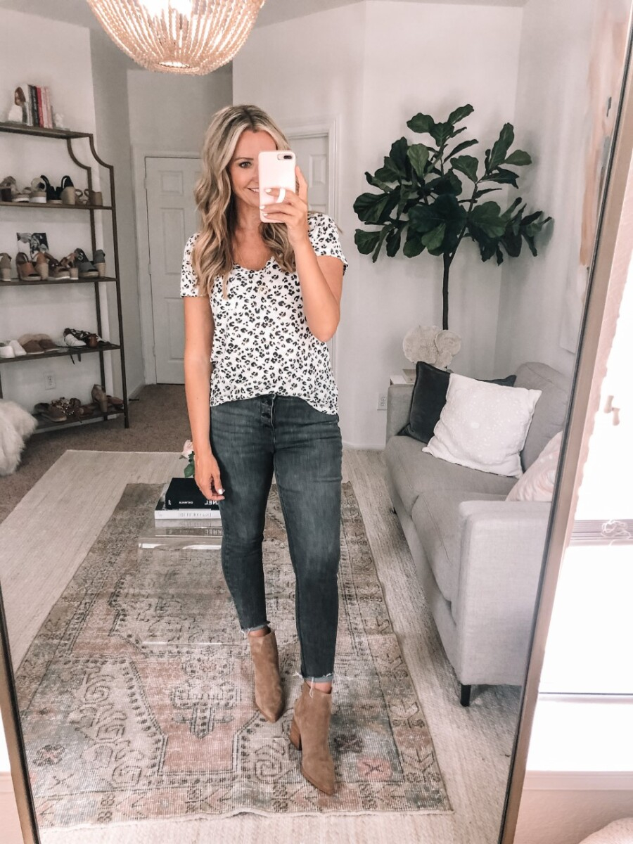 leopard tee | Nordstrom Anniversary Sale by popular Houston fashion blog, Haute and Humid: image of a woman wearing a Nordstrom Rounded V-Neck T-Shirt CASLON®, Nordstrom Kaylah Pointed Toe Bootie STEVE MADDEN, and AE Ne(x)t Level High-Waisted Jegging.