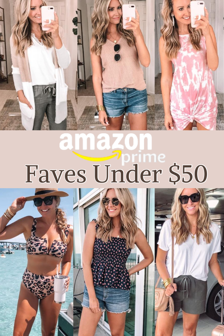 amazon faves under $50 | Best Amazon Products by popular Houston life and style blog: Pinterest image of a woman wearing a Amazon lace cami, Amazon knit tank, Amazon high waist leopard print bikini, Amazon peplum top, and Amazon cotton drawstring shorts.  