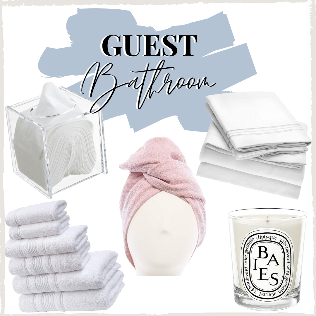 guest bathroom essentials | Christmas Prep by popular Houston lifestyle blog: image of white towels, pink head towel, acrylic tissue dispenser, and Baies candle. 