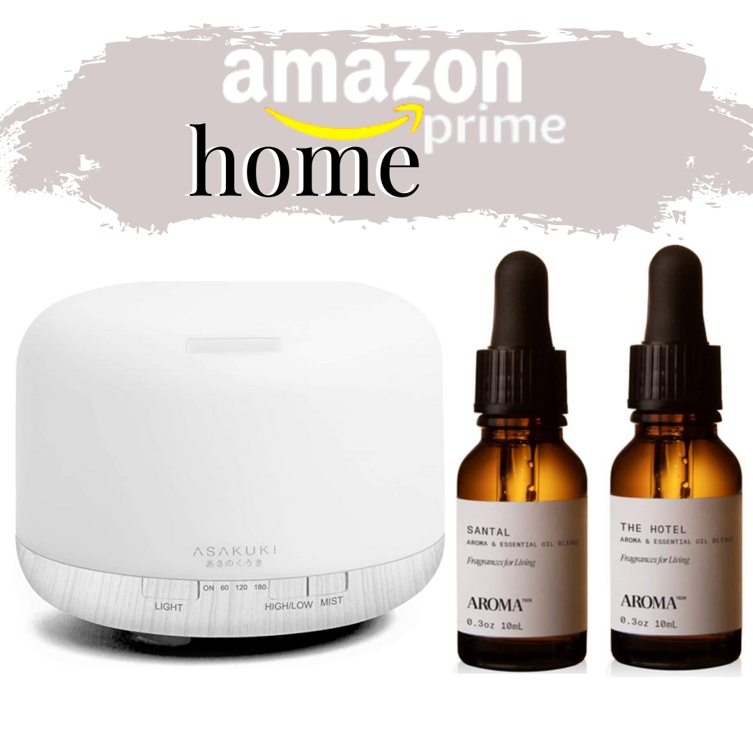 essential oils diffuser | Best Amazon Products by popular Houston life and style blog: Pinterest image of Asakuki diffuser and Aroma Santal and The Hotel oils. 