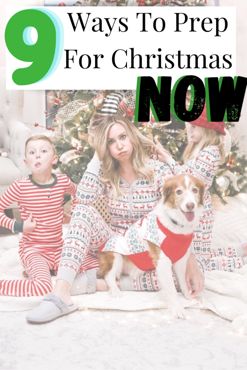 preparing for christmas now | Christmas Prep by popular Houston lifestyle blog: Pinterest image of a woman and her son and daughter wearing family Christmas pajamas and sitting in front of a Christmas tree with their dog. 