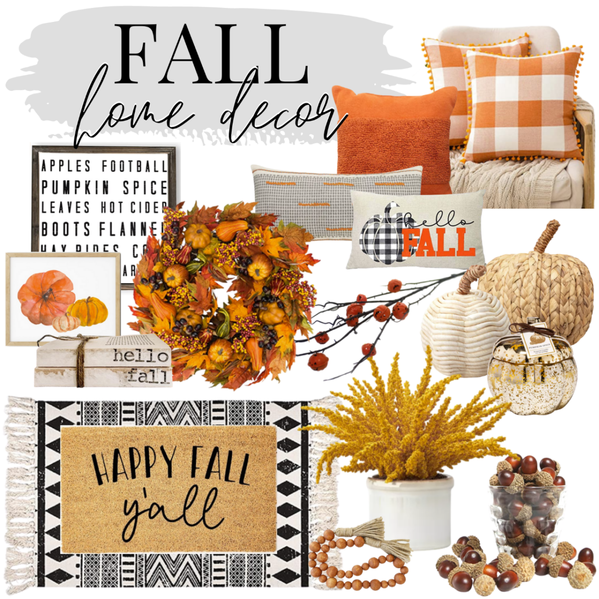 bargain fall decor | Fall Decor by popular Houston life and style blog, Haute and Humid: collage image of Amazon MIULEE Set of 2 Retro Farmhouse Buffalo Plaid Check Pillow Cases, Amazon PSDWETS Autumn Decorations Pumpkin Pillow Covers, Etsy Trellis Grey (Dark) Wooden Bead Garland, faux pumpkins, wooden bead tassel garland, black and what rug, Happy Fall Y'all outdoor mat, pumpkin watercolor painting, and faux acorn decor. 