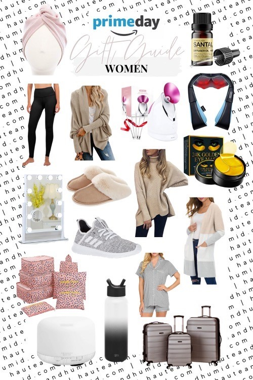 gift guide for women | Best Amazon Prime by popular Houston life and style blog, Haute and Humid: collage image of Amazon Adidas Cloud Foam Sneakers, Luggage Set, Packing Cubes, Essential Oils Diffuser, Santal Diffusing Oil, Pajama Set, Striped Cardigan, Hair Towel, Insulated Water Bottle, Leggings, Facial Steamer, Eye Patches, Back Massage, Light Up Makeup Mirror and Cocoon Cardigan.