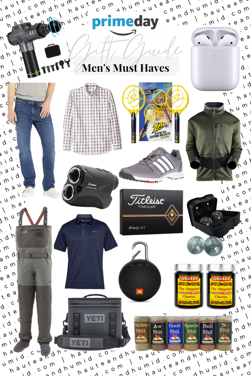 amazon mens gift guide | Best Amazon Prime by popular Houston life and style blog, Haute and Humid: collage image of Amazon Binoculars, Under Armour Golf Shirt, Waders, Outdoorsman Jacket, Adidas Golf Shoes, Button Front Shirt, Golf Balls, Grilling & Smoking Spices, Yeti Hopper Cooler, Fly Zapper Pack, JBL Clip Speaker, Golf Ball Range Finder, Air Pods with Charging Case, Massage Gun, Ice Ball Maker, Cocktail Cherries, and Amazon Fire Stick 