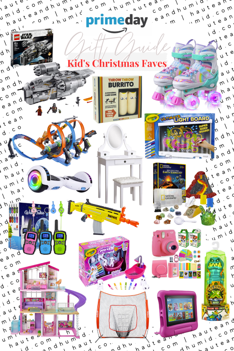amazon kids gift guide | Best Amazon Prime by popular Houston life and style blog, Haute and Humid: collage image of Amazon Scribble Scrubbies, Walkie Talkies, Fire 7 Tablet With Case, Hover Board, Ultimate Light Board, Earth Science Kit, Star Wars Mandalorian Lego Set, Hot Wheels Crash Track, Treasure X Aliens Dissection Slime Kit, Instax Camera Kit, Vanity Set, Nerf Fortnite Gun, Throw The Burrito Game, Barbie Dream House, Roller Skates, and Sports Net.