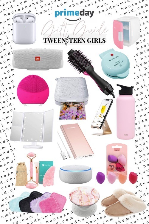  tween gift guide | Best Amazon Prime by popular Houston life and style blog, Haute and Humid: collage image of Amazon Cell Phone Stand, Makeup Sponges, Insulated Water Bottle, Makeup Eraser Cloths, Airpods With Charging Case, Echo Dot, Makeup Mirror, Skincare Fridge, Jade Roller, Portable Speake, Slippers, Foreo Cleanser, Hair Brush Dryer, Hand Held Printer, Popsocket, and Mini Waffle Maker.