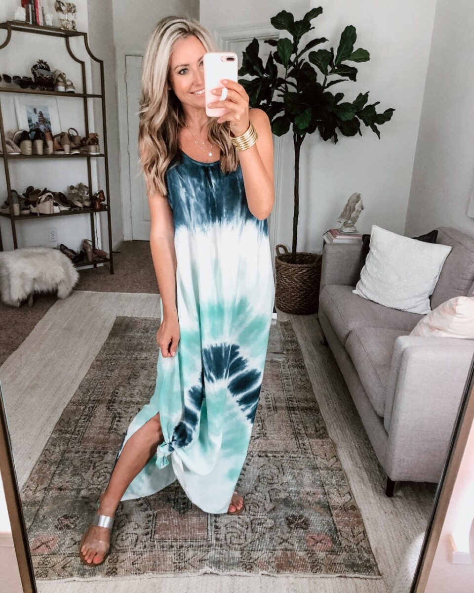 amazon swim coverup |Amazon Bestsellers by popular Houston life and style blog, Haute and Humid: image of a woman wearing a blue tie dye maxi dress. 