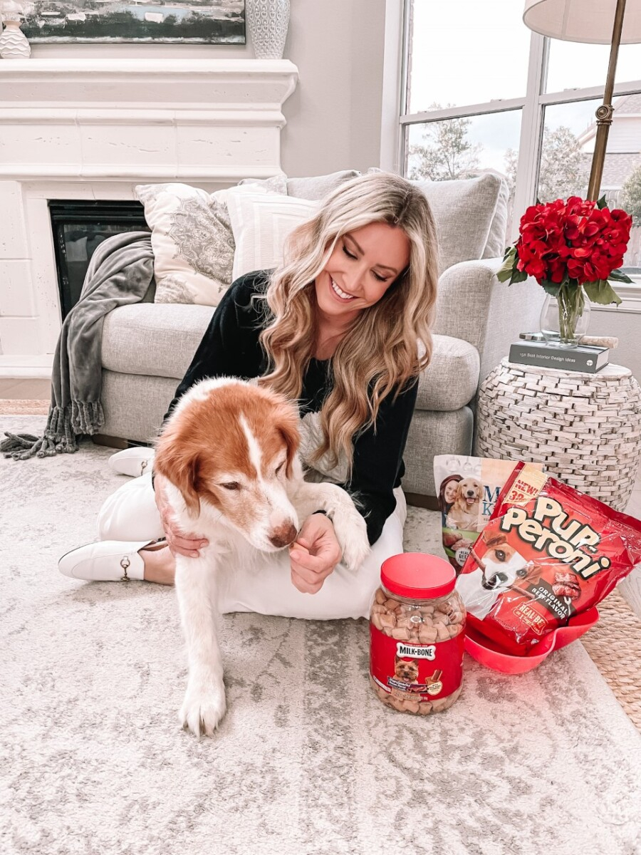 Valentine’s Day Dog |Milk Bone Dog Treats by popular Houston lifestyle blog, Haute and Humid: image of a woman and her dog sitting next to Milk Bone Pupperoni and other Milk Bone treats. 